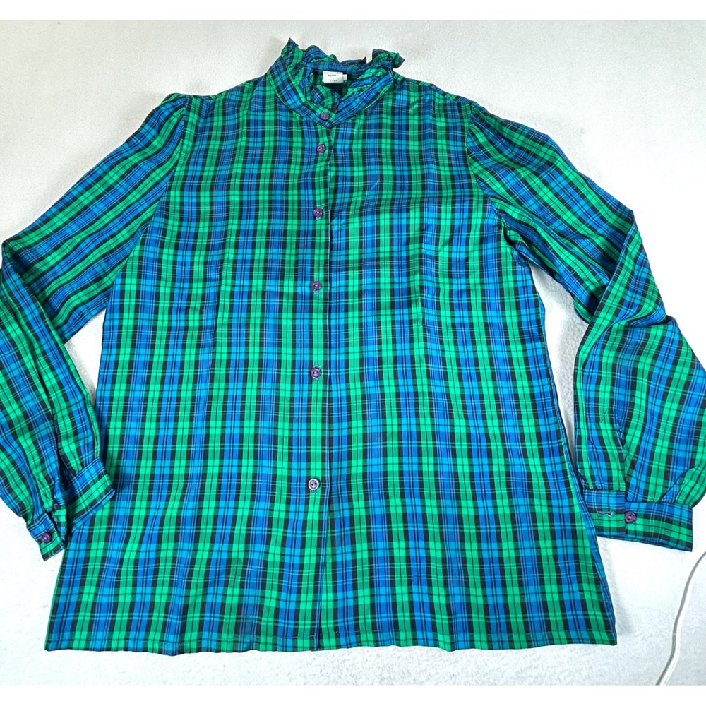JCPenney Fashions Plaid Blouse Women 13/14 Green Vintage